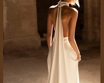 Backless Halter Wedding Gown with Flowing Cape/V Backless wedding dress/Hollywood style bridal dress /Reception backless ivory dress