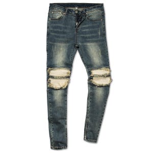 May include: Blue denim jeans with distressed details and white knee patches.