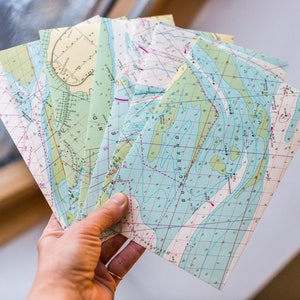 Handgeschöpftes Papier Umschläge, Schifffahrtskarte Elbmündung, 7er Set, handgefertigte Mail Art, Papierkunst Briefpapier, Geschenkidee