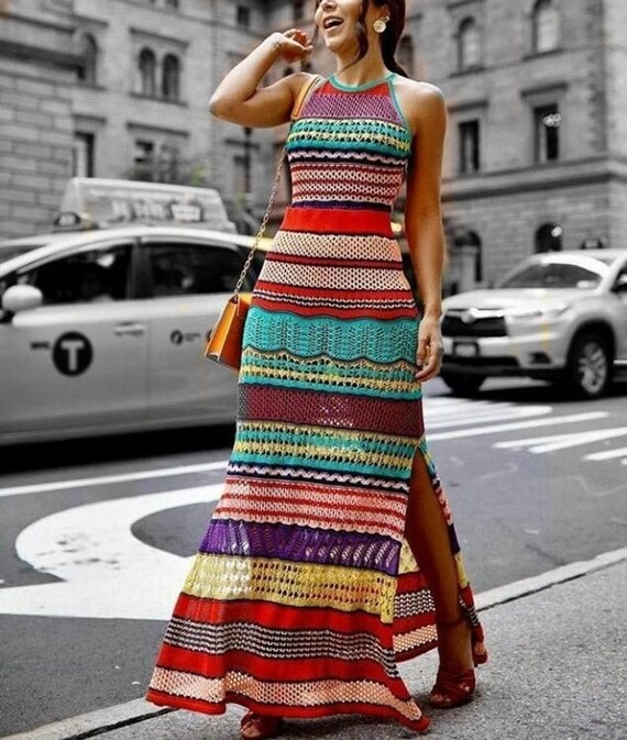 Striped Crochet Dress Crochet Beach Dress colorful Striped - Etsy Singapore