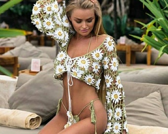 Crochet Crop Top- Crochet Bell Sleeve - Handmade Crochet Swimwear - Bikini Beachwear - Boho Chic Outfit - Hippie Swimwear