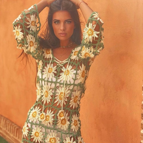 Daisy Handmade Crochet Dress  - Boho Mini Dress - Handmade Dress - Handmade Beachwear - Organic clothing - Hippie Crochet Dress