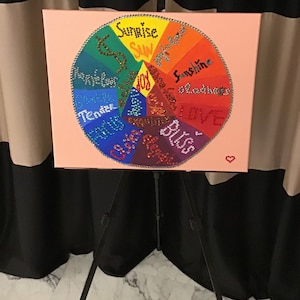 Op de afbeelding: Een regenboogkleurenwiel met woorden als "Sunrise", "Joy", "Love" en "Bliss" eromheen geschreven. Het kleurenwiel is geschilderd op een canvas en wordt getoond op een ezel.
