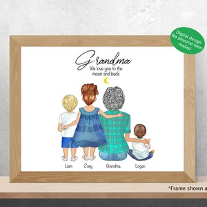 Cadeau de fête des mères pour grand-mère, Portrait numérique de famille, Grand-mère Lune et dos, Anniversaire Grammas, Carte, Affiche, Art mural