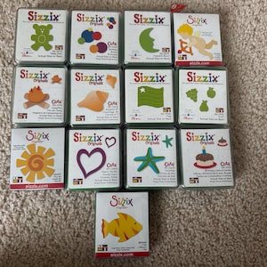 Gentry Used! Sizzix Original Small dies /Teddy Bear/Bubbles/Moon/Cupid/Flag/Fruit/Sun/Heart Double/Star Fish/Seashell/Cake/Campfire/Fish