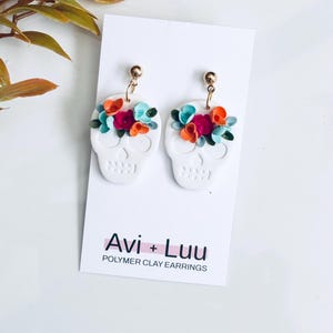 Floral Skull Earrings | Halloween Dangles | Polymer Clay