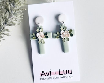 Floral Cross Dangle Earrings | Polymer Clay, Stainless Steel