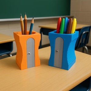 Könnte beinhalten: Zwei bunte Stifthalter-Schreibtisch-Organizer in Form von Anspitzern. Einer ist orange, der andere blau. Der orangefarbene Halter enthält Bleistifte, der blaue Halter enthält Stifte. Beide haben ein silberfarbenes Klingendesign.