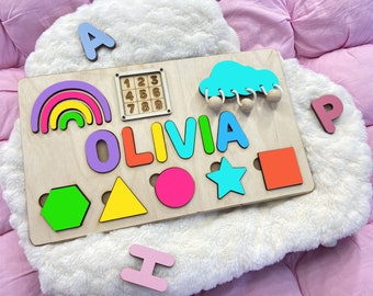 Name Puzzles for Toddlers,First Birthday Gift, Montessori Baby Toys, 1 2 3 Year Old Baby Gift,Wooden Name Puzzle,Baby Shower Gift,Busy Board