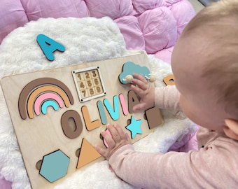 Baby Busy Board 6-12 month,Name Puzzles for Toddlers,First Birthday Gift, Montessori Baby Toys, 1 2 3 Year Old Baby Gift,Wooden Name Puzzle