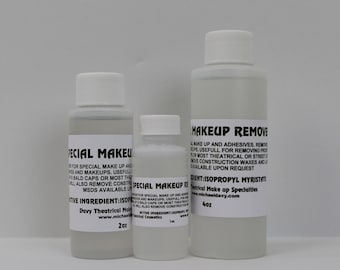 May include: Three bottles of clear liquid makeup remover. The bottles are labeled "Special Makeup Remover" and "Makeup Remover". The bottles are different sizes. The largest bottle is 4 oz. The smallest bottle is 1 oz. The middle bottle is 2 oz.