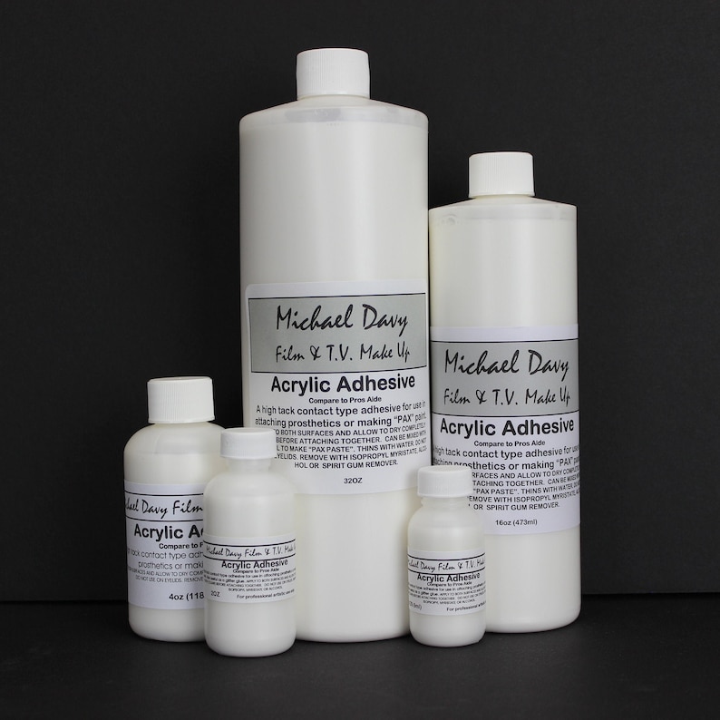 May include: Four bottles of Michael Davy Film & T.V. Make Up Acrylic Adhesive. The bottles are white and labeled with the product name and instructions for use. The bottles are 4oz, 16oz, and 32oz.