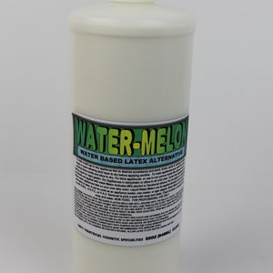 May include: A white plastic bottle with a green and black label that reads "WATER-MELO WATER BASED LATEX ALTERNATIVE". The bottle is 32oz (946ml) and is labeled as a theatrical cosmetic specialty.
