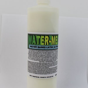 May include: A white plastic bottle with a green and yellow label that reads "WATER-MEL WATER BASED LATEX ALTERN", with instructions for use. The bottle is a product for theatrical makeup and special effects.