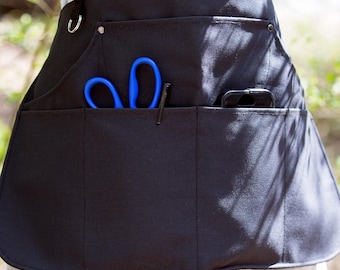 Black Cotton Canvas Apron With 7 Pockets - Womens Apron for Tools Vendor Waitress Teacher Kitchen Garden Tasks - Plain Solid Black All Black
