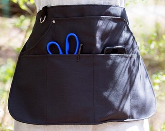 Black Cotton Canvas Apron With 7 Pockets - Womens Apron for Tools Vendor Waitress Teacher Kitchen Garden Tasks - Plain Solid Black All Black