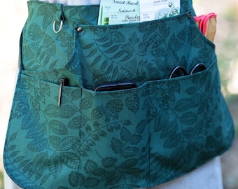 Green Apron with 7 Pockets - Womens Waist Apron For Garden Vendor Teacher Kitchen Tasks - Cotton Canvas Dark Green Floral Ferns Leaves