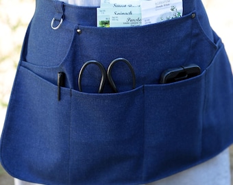 Navy Blue Solid Denim Apron With 7 Pockets - Womens Waist Apron For Garden Crafts Vendors Teachers Kitchen Tasks - Thick Durable Fabric