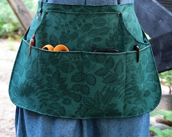 Dark Green Apron With 7 Pockets - Womens Waist Apron For Gardening, Vendor, Teacher, Kitchen Tasks - Cotton Canvas Green Floral Ferns Leaves