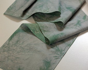 Hand Dyed Table Runner Real Evergreen Trees and Pine Needle Print Cotton Duck Fabric White Light Green Christmas Winter Theme - 5 Ft 5 In