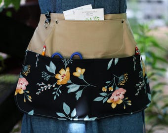 Black & Gold Floral Apron With 7 Pockets, Womens Waist Apron For Gardening, Vendor, Teacher, Kitchen Tasks, Cotton Canvas - Khaki Tan Yellow