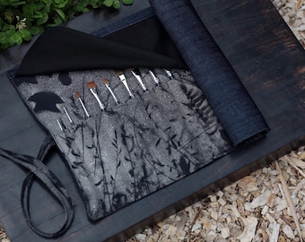Denim Blue & Black Hand Dyed Paint Brush Roll Up Organizer - Brush Travel Case - Art Tool Holder - Meadow Leaf Leaves Forest Ferns
