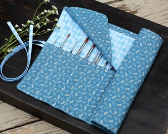 Blue Paint Brush Roll Artist Wrap Brush Holder Roll Up Organizer Light Blue Art Supply Storage Artist Gift Painter Gift Brush Keeper