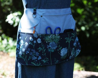 Blue Apron With 7 Pockets, Womens Waist Apron For Gardening, Vendor, Teacher Kitchen Tasks Cotton Canvas Light Blue Navy Blue Green Floral