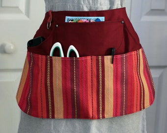 Striped Apron with Pockets Womens Waist Apron Garden Crafts Vendor Apron Teacher Kitchen Cotton Duck Canvas Red Yellow Burgundy Stripe
