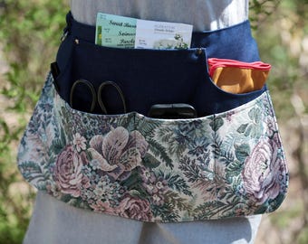 Navy Blue Denim Floral Apron With 7 Pockets - Womens Waist Apron For Garden Crafts Vendors Teachers Kitchen Tasks - Thick Durable Fabric