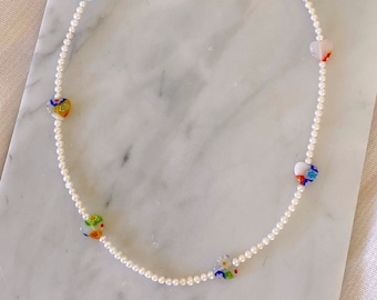 Freshwater Pearl Millefiori Beaded Necklace | Adjustable mini Pearl Necklace | Single strand Pearl Choker Necklace