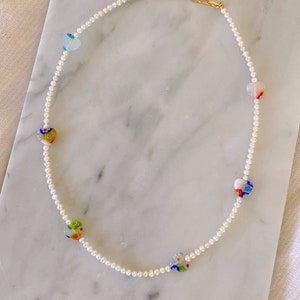 Freshwater Pearl Millefiori Beaded Necklace | Adjustable mini Pearl Necklace | Single strand Pearl Choker Necklace