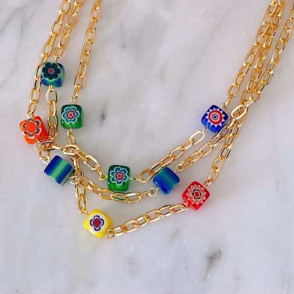 Millefiori Bead Gold Plated Necklace | Gold Chain Necklace | Adjustable Bead Necklace 18"