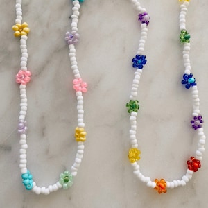 Beaded Flower Necklace | Beaded Flower Choker | Rainbow Beaded Flower Necklace | Beaded Choker Necklace | 16&quot;-18&quot;
