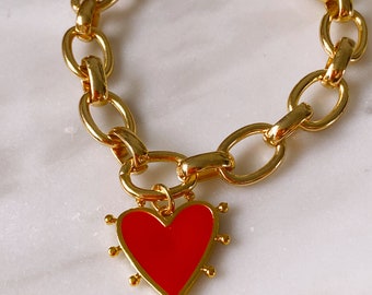 Gold Plated Chain Heart Charm Bracelet | Heart Charm Bracelet | Chunky Gold Chain Bracelet