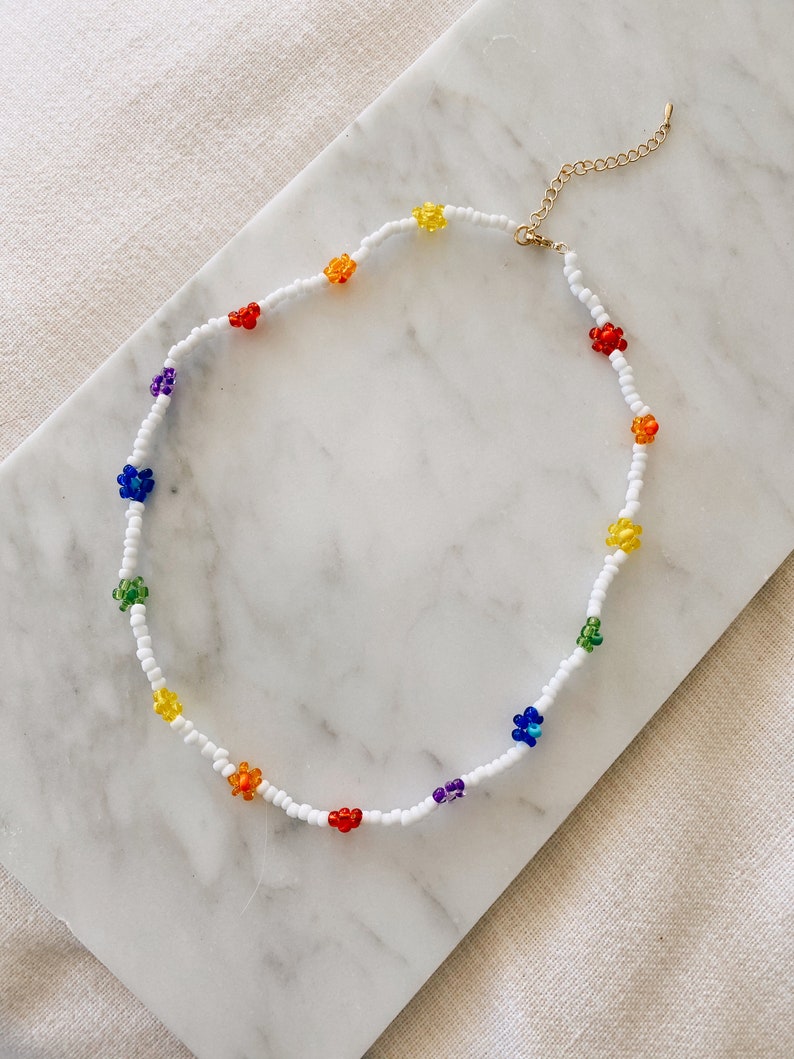 Beaded Flower Necklace Beaded Flower Choker Rainbow Beaded Etsy