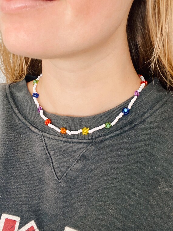 Beaded Flower Necklace Beaded Flower Choker Rainbow Beaded Flower