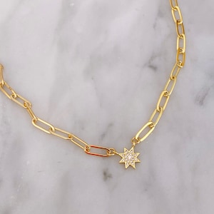 Starburst Charm Necklace | Paperclip Chain Star Charm Adjustable Necklace