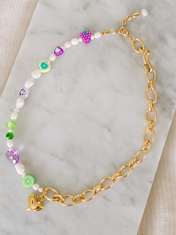 Half Chain Charm Necklace Half Pearl 