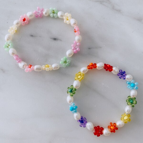 Flower Pearl Bracelets | Beaded Flower Bracelet | Pearl Bracelet | Rainbow Pearl Bracelet | Paster Flower Bracelet | Beaded Bracelet