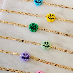Beaded Smiley Face Gold Chain Bracelet