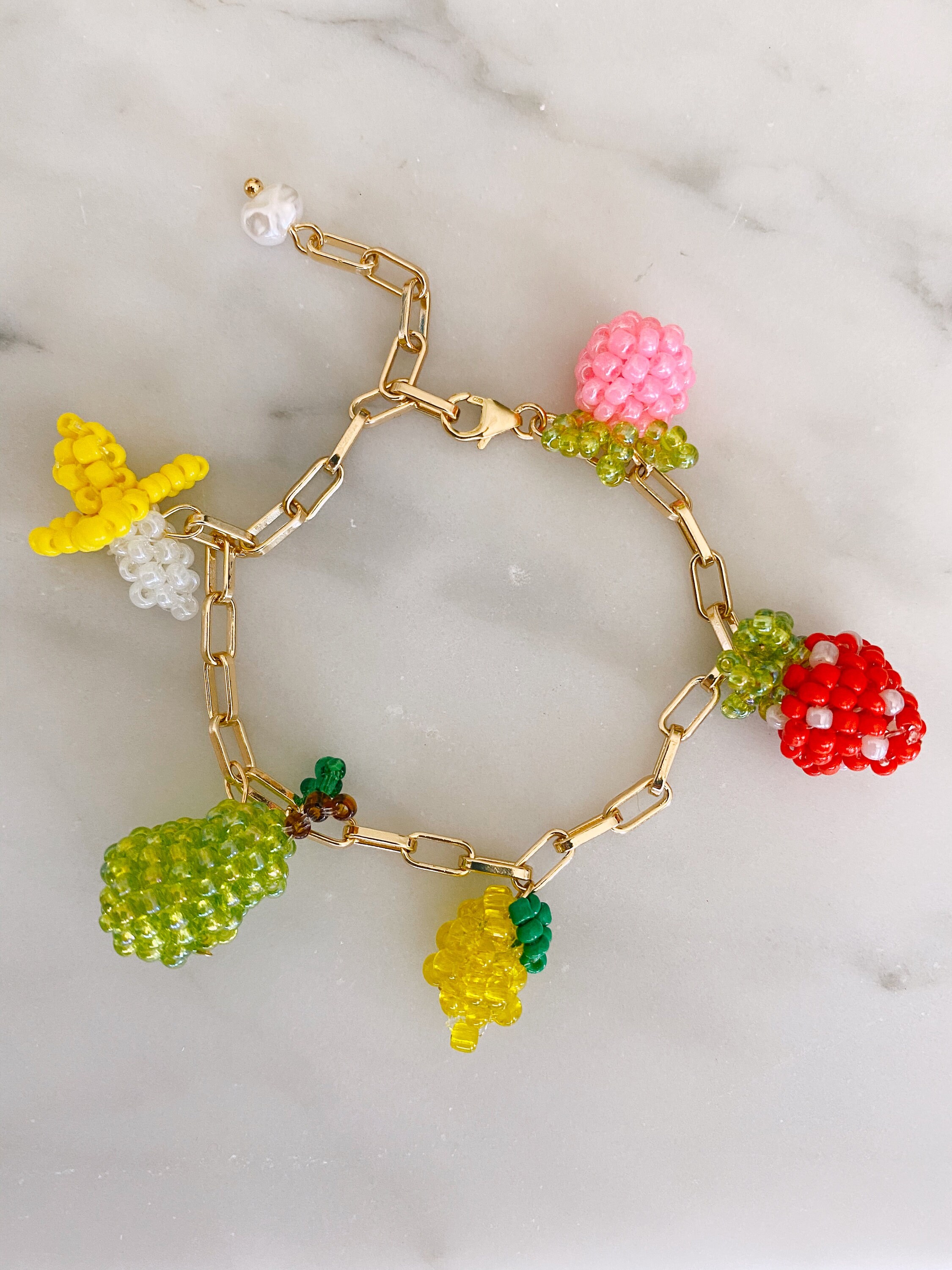 Beaded Fruit Charm Bracelet Fruit Salad Bracelet Gold Etsy