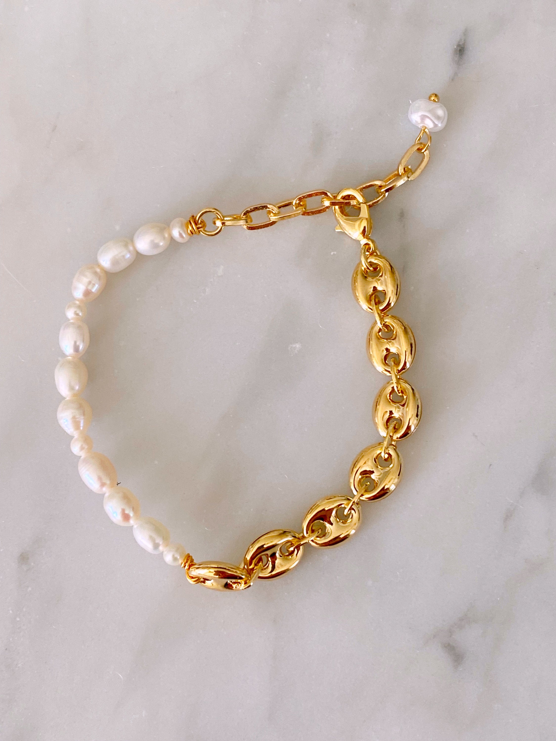 Half Pearl Gold Chain Bracelet Adjustable Freshwater Pearl