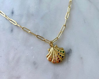 Rainbow CZ Shell Necklace | Mermaid Shell Charm Necklace | Summer Shell Necklace