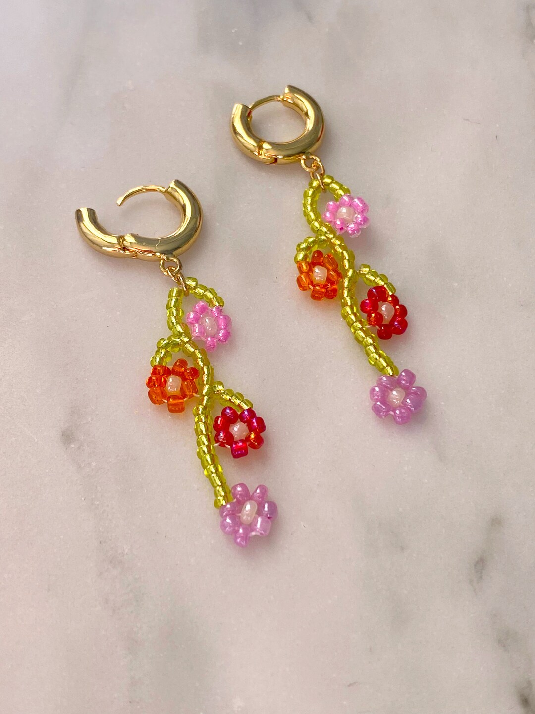 Beaded Flower Vine Earrings Beaded Flower Hoop Earrings Gold Plated