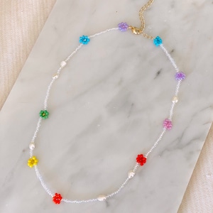 Rainbow Flower Choker with Pearl Beads | Beaded Pearl and Flower Choker Necklace