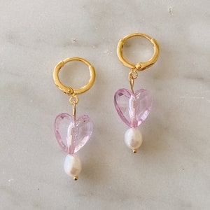 Heart and Pearl Huggies | Gold Pearl Huggies | Gold Heart Huggies | Pearl Earrings | Heart Hoops