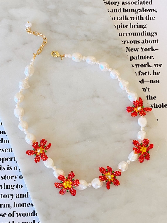 Large Pearl Beaded Flower Necklace Seed Bead Flower Necklace