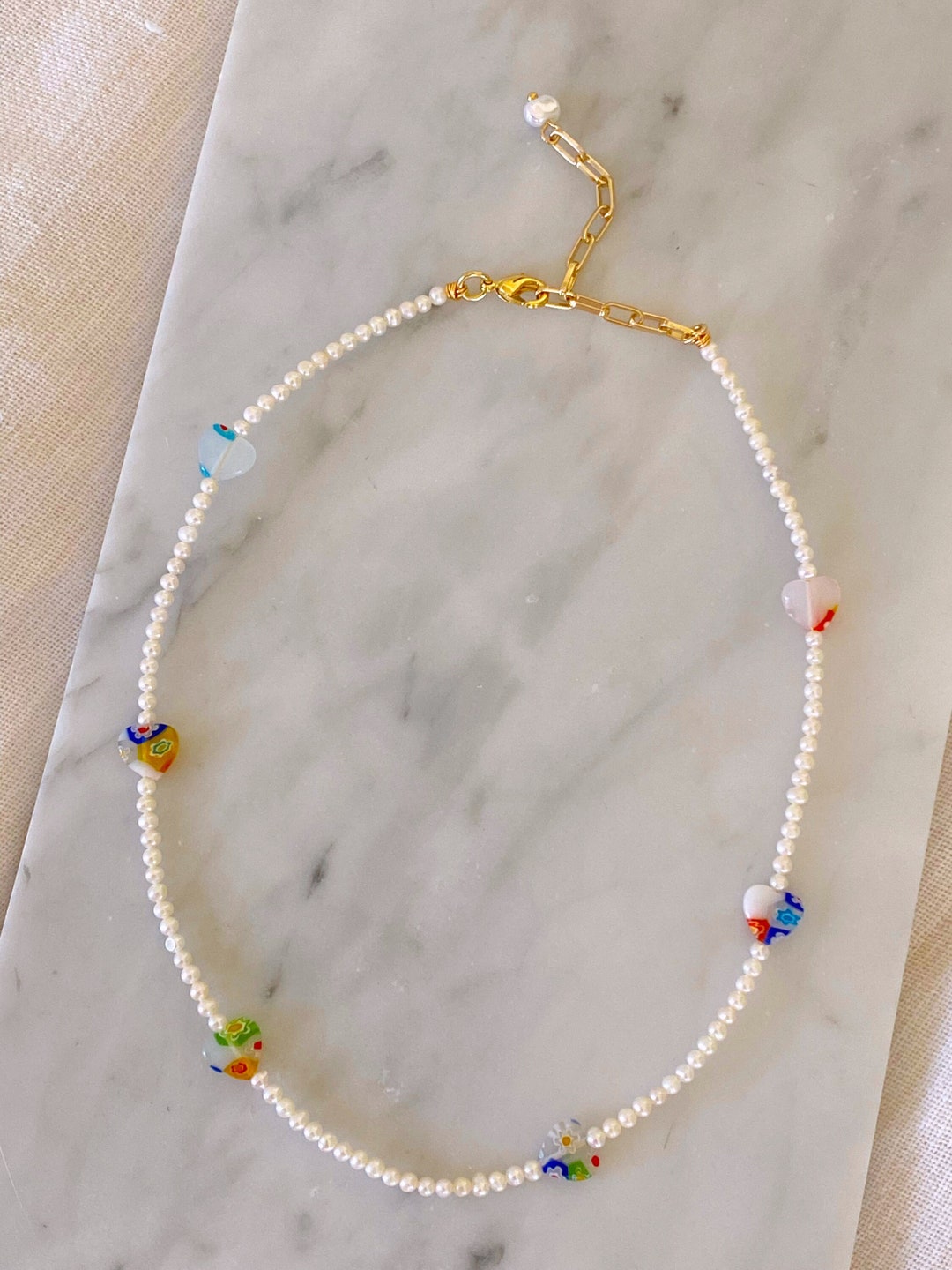 Freshwater Pearl Millefiori Beaded Necklace Adjustable Mini Pearl