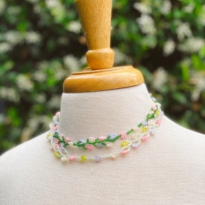 Flower Vine Necklace | Beaded Flower Necklace | Adjustable Seed Bead Necklace 16"-18"